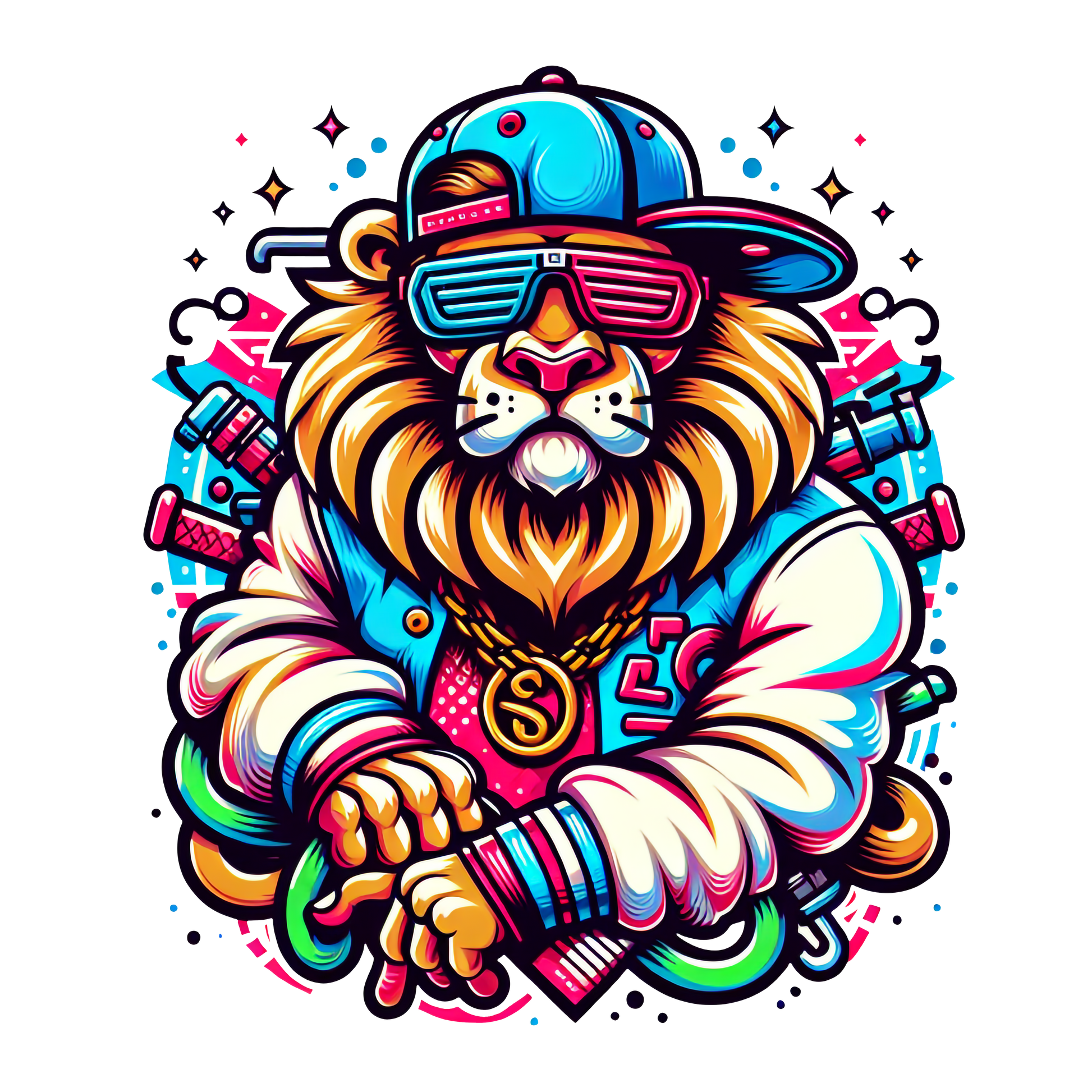 Colorful gangster lion illustration with gold chain and streetwear style, used on graphic t-shirt
