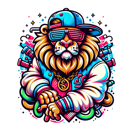 Colorful gangster lion illustration with gold chain and streetwear style, used on graphic t-shirt
