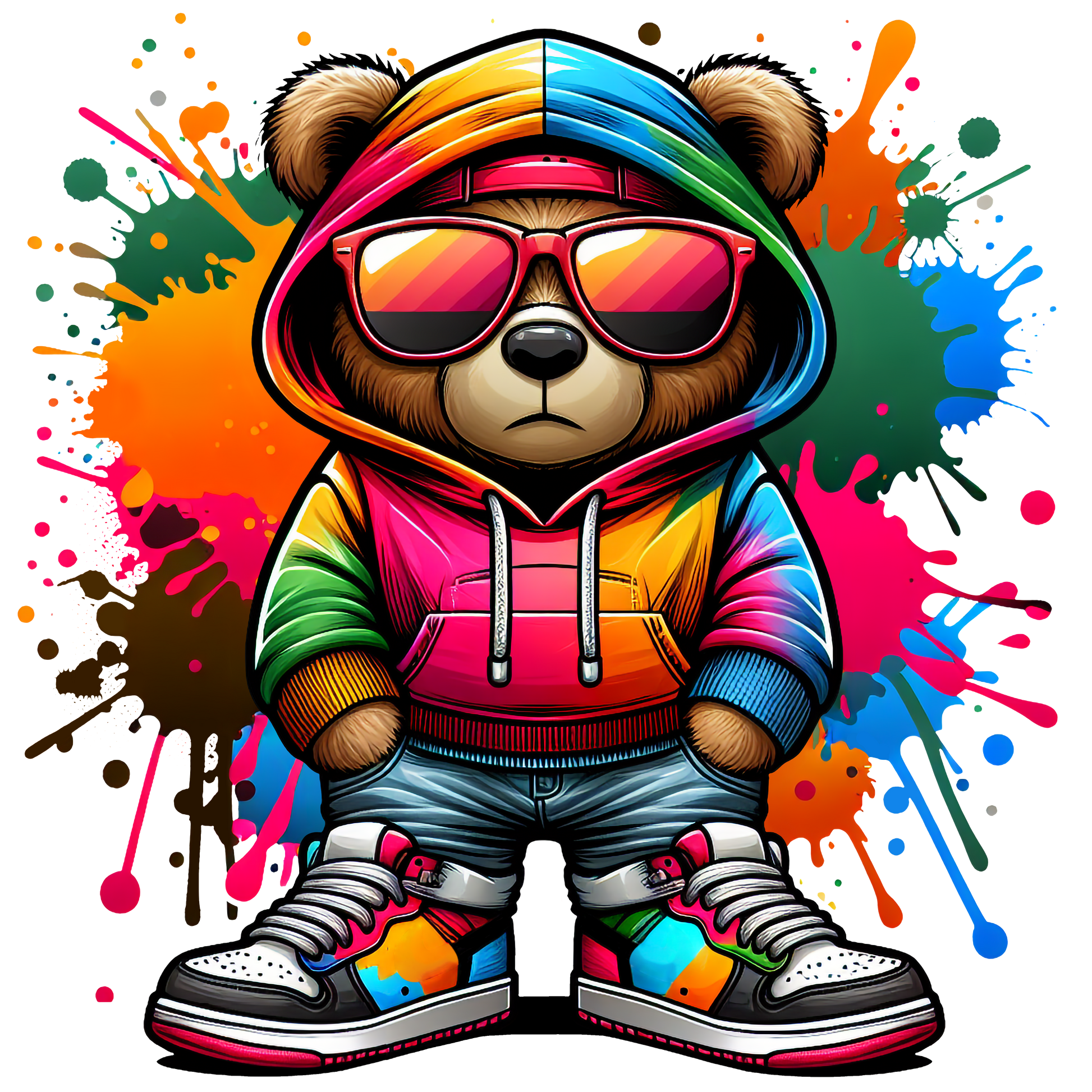 graffiti bear with hoodie and sunglasses t-shirt design streetwear style

