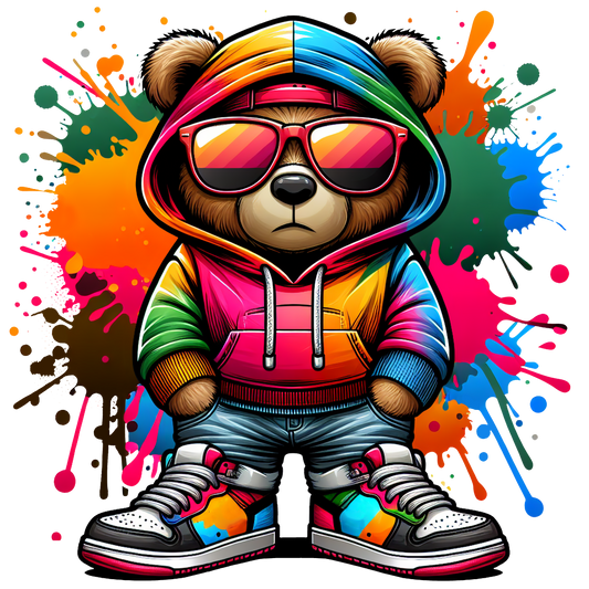 graffiti bear with hoodie and sunglasses t-shirt design streetwear style

