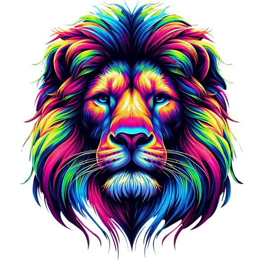 Colourful rainbow lion head graphic printed on a white t-shirt.

