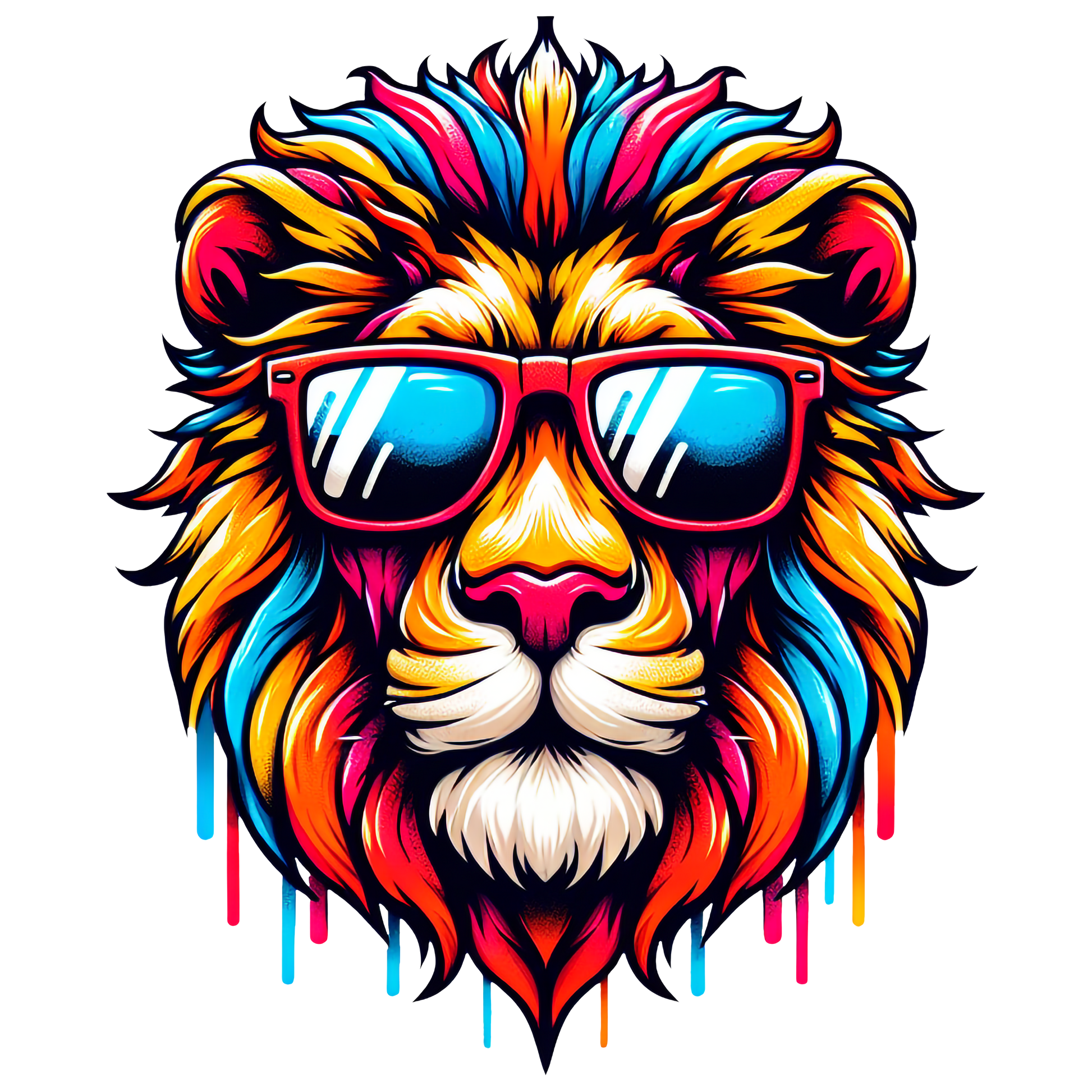 Graphic of a colourful lion with sunglasses dripping in rainbow colours on a white t-shirt.

