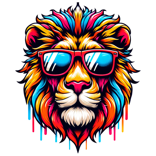 Graphic of a colourful lion with sunglasses dripping in rainbow colours on a white t-shirt.

