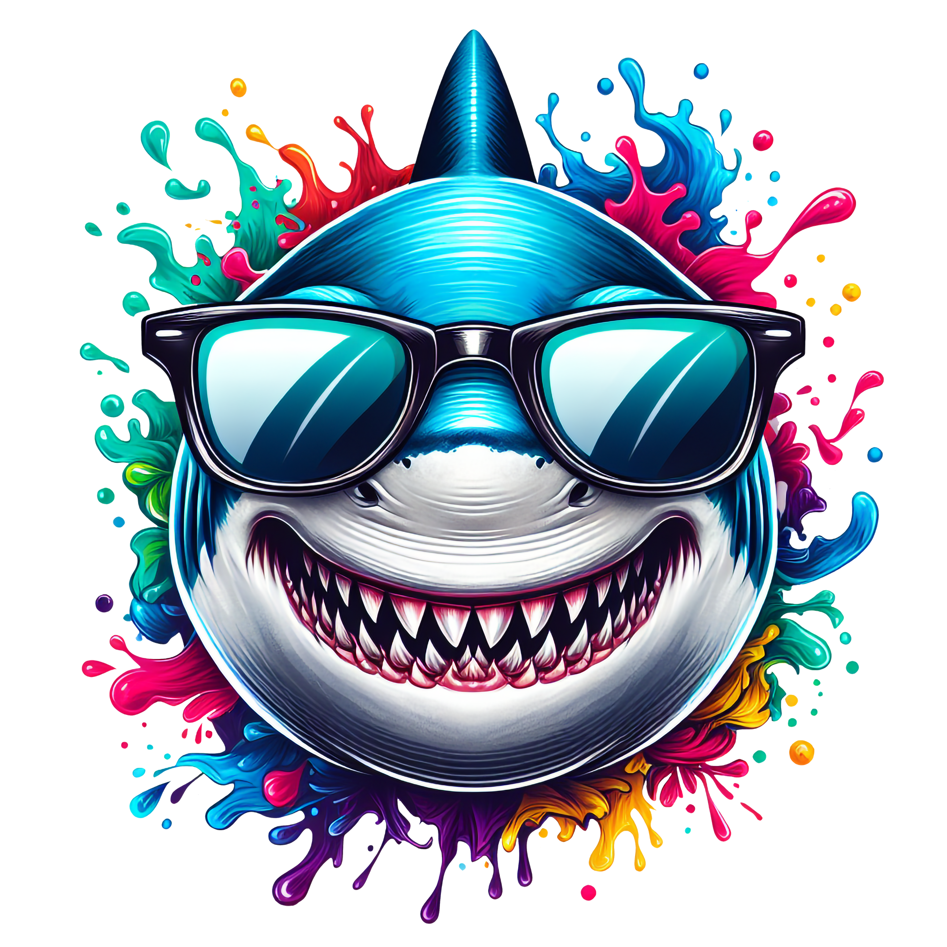 Grinning cartoon shark with sunglasses bursting through rainbow-coloured splash design on a white t-shirt.

