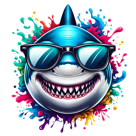 Grinning cartoon shark with sunglasses bursting through rainbow-coloured splash design on a white t-shirt.

