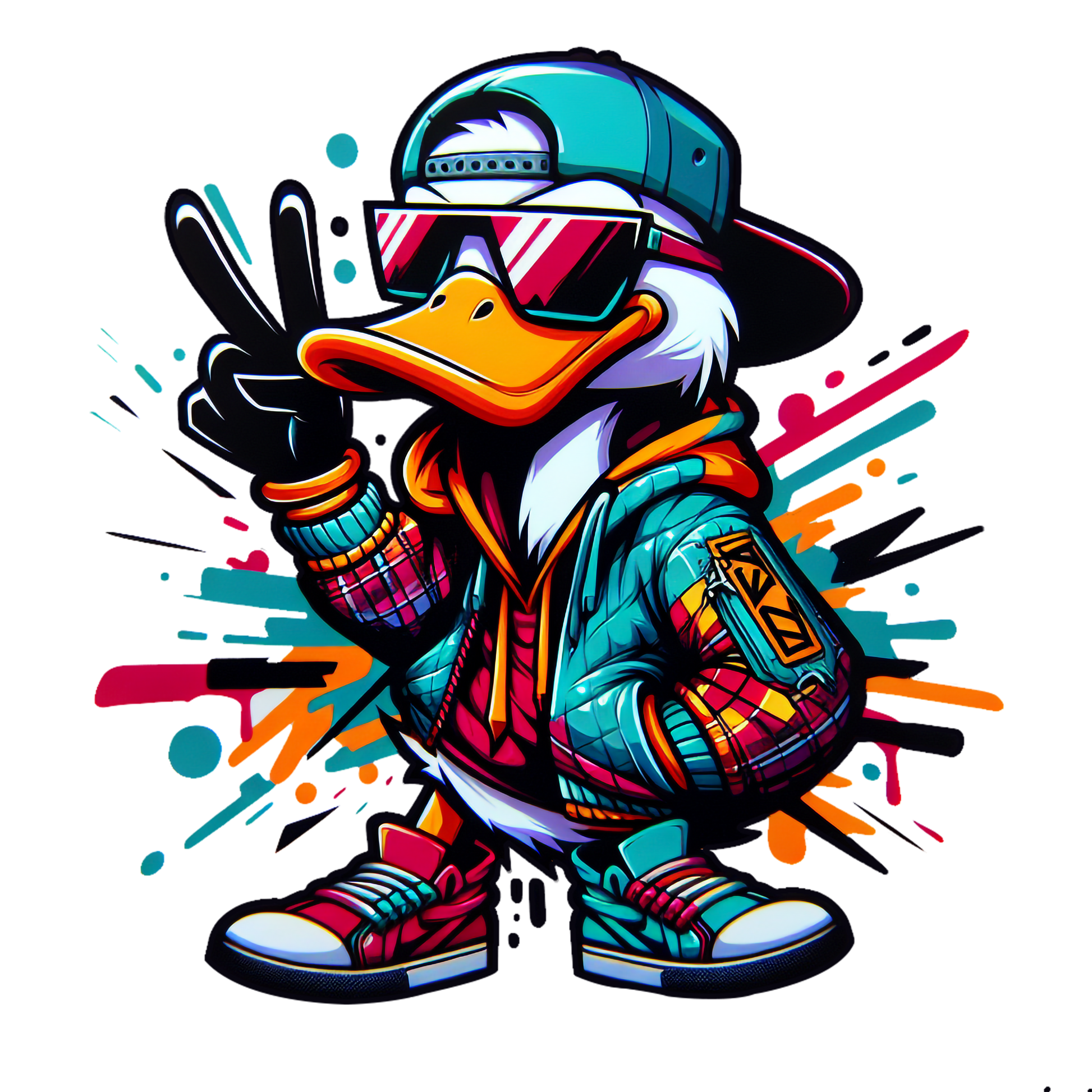 cool duck wearing cap sunglasses graffiti streetwear cartoon t-shirt design

