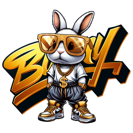 Cartoon bunny in gold sunglasses and chains, dressed in hip hop streetwear with gold shoes.

