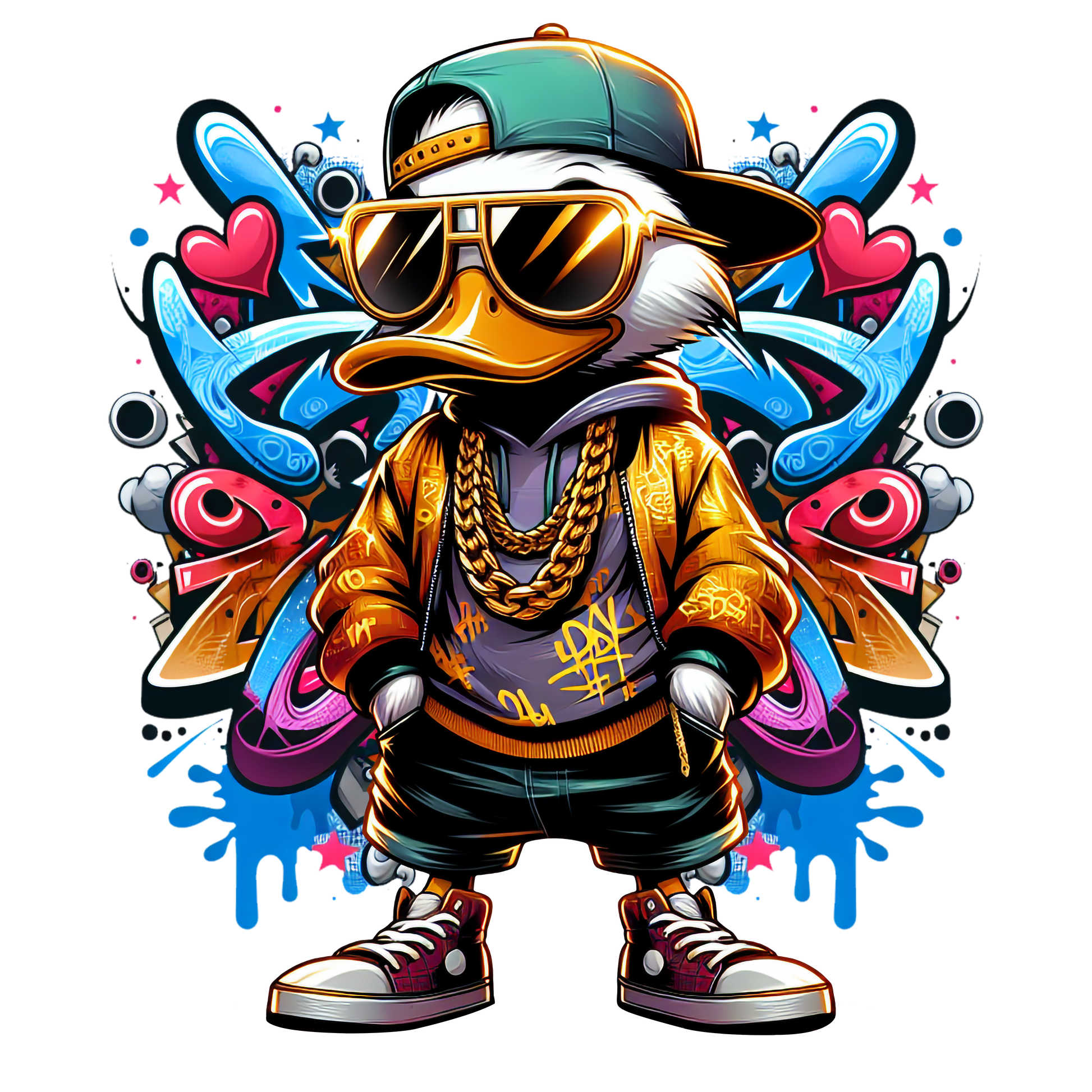 Graffiti-style duck wearing gold jacket, chains, and sunglasses on white t-shirt.

