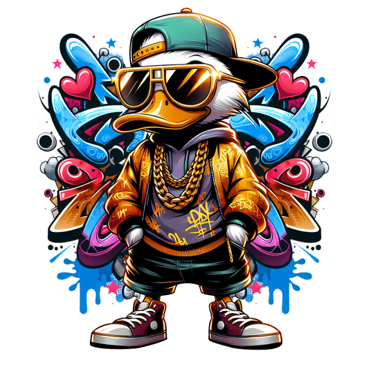 Graffiti-style duck wearing gold jacket, chains, and sunglasses on white t-shirt.

