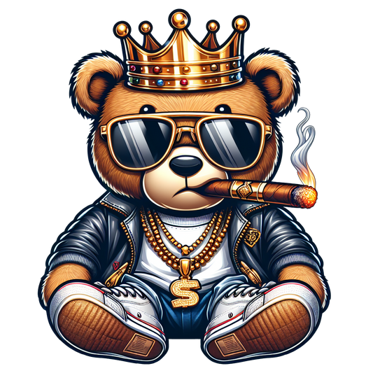Gangsta teddy bear with crown, sunglasses, gold chains and cigar printed on white t-shirt.

