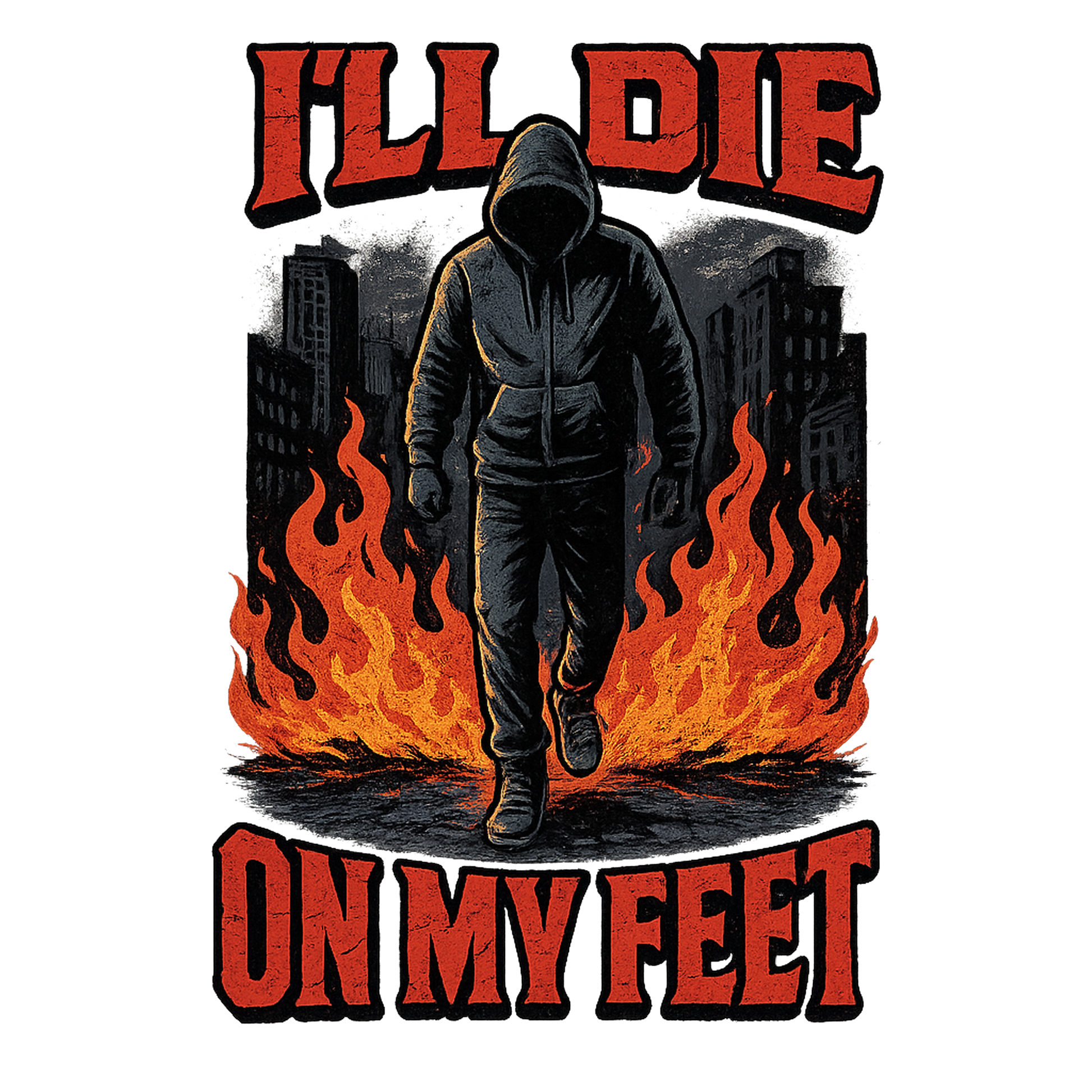 I’ll Die On My Feet motivational streetwear t shirt with flame design DTF print