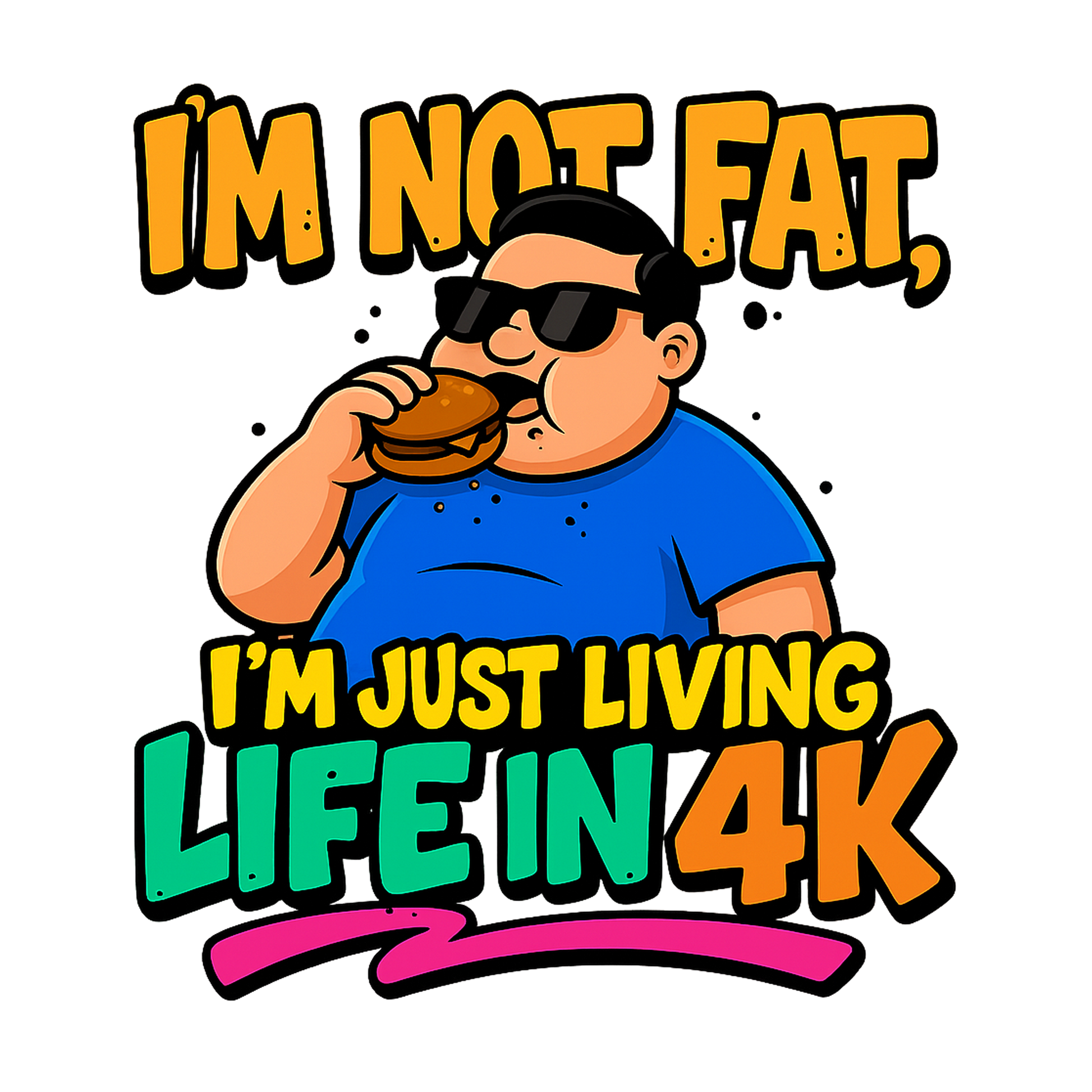 I’m Not Fat I’m Just Living Life in 4K funny novelty t shirt with cartoon design and burger graphic DTF print