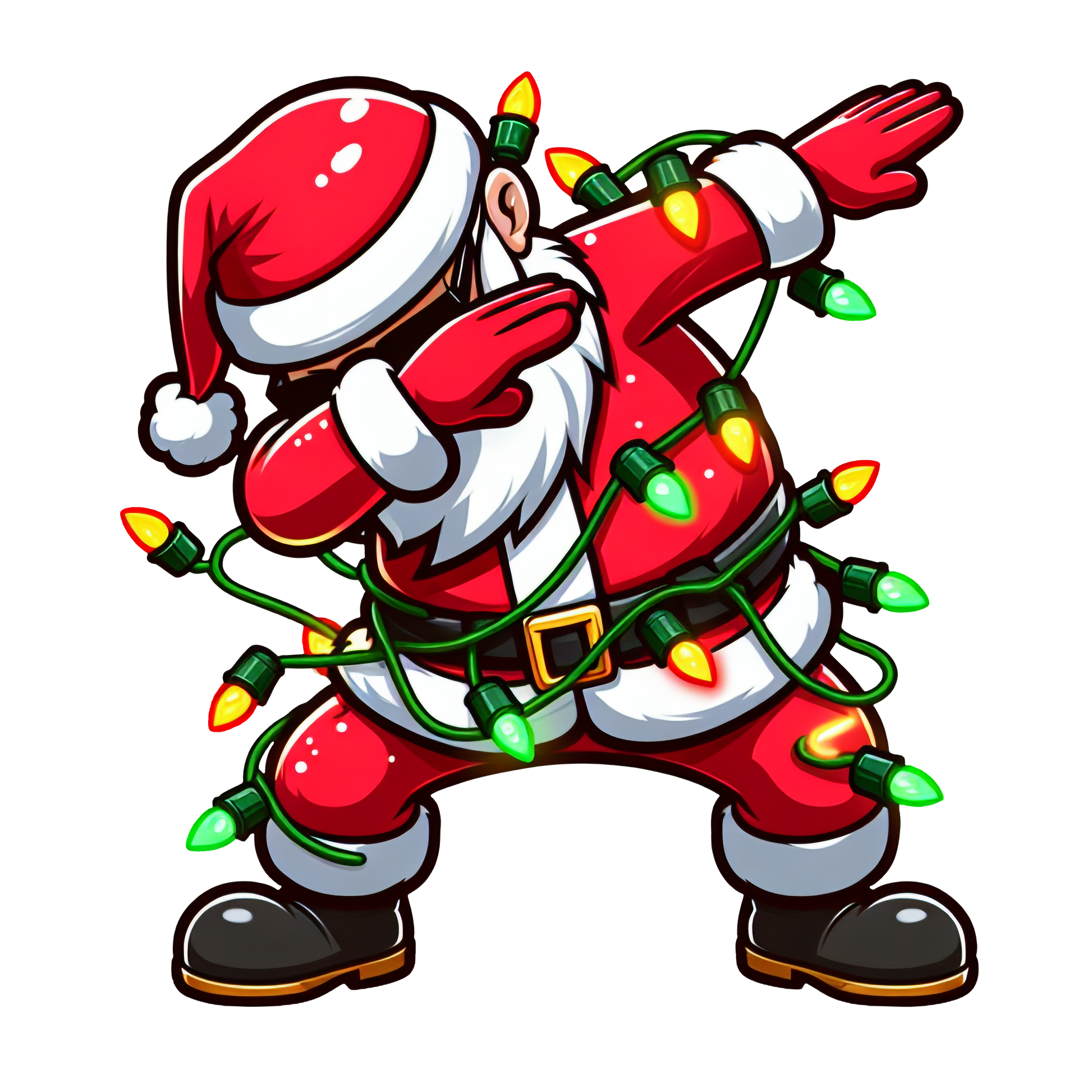 Funny Christmas t-shirt with Santa Claus dabbing and wrapped in colourful fairy lights

