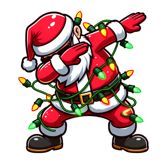 Funny Christmas t-shirt with Santa Claus dabbing and wrapped in colourful fairy lights

