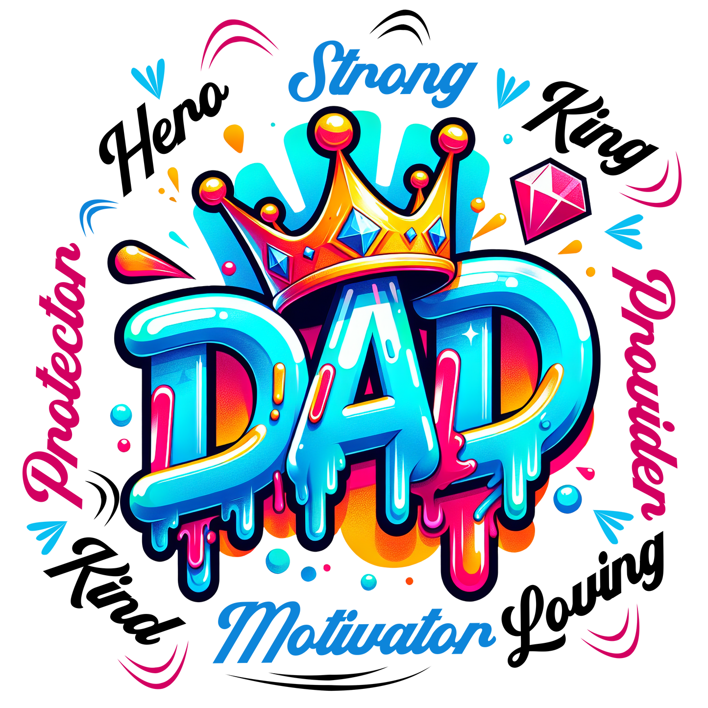 Graffiti-style DAD t-shirt with crown and bold words: Protector, Provider, Motivator
