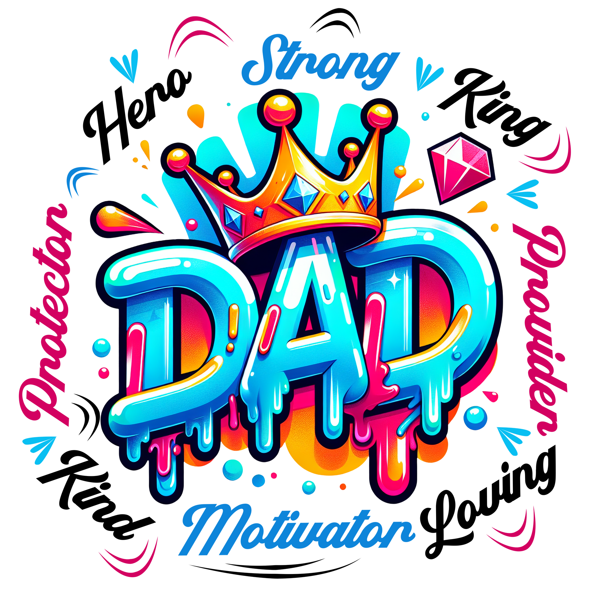 Graffiti-style DAD t-shirt with crown and bold words: Protector, Provider, Motivator
