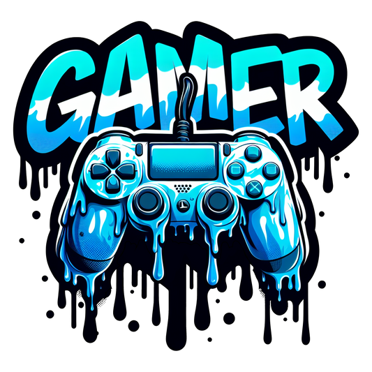 Blue dripping game controller with bold “GAMER” text – cool graphic gaming t-shirt

