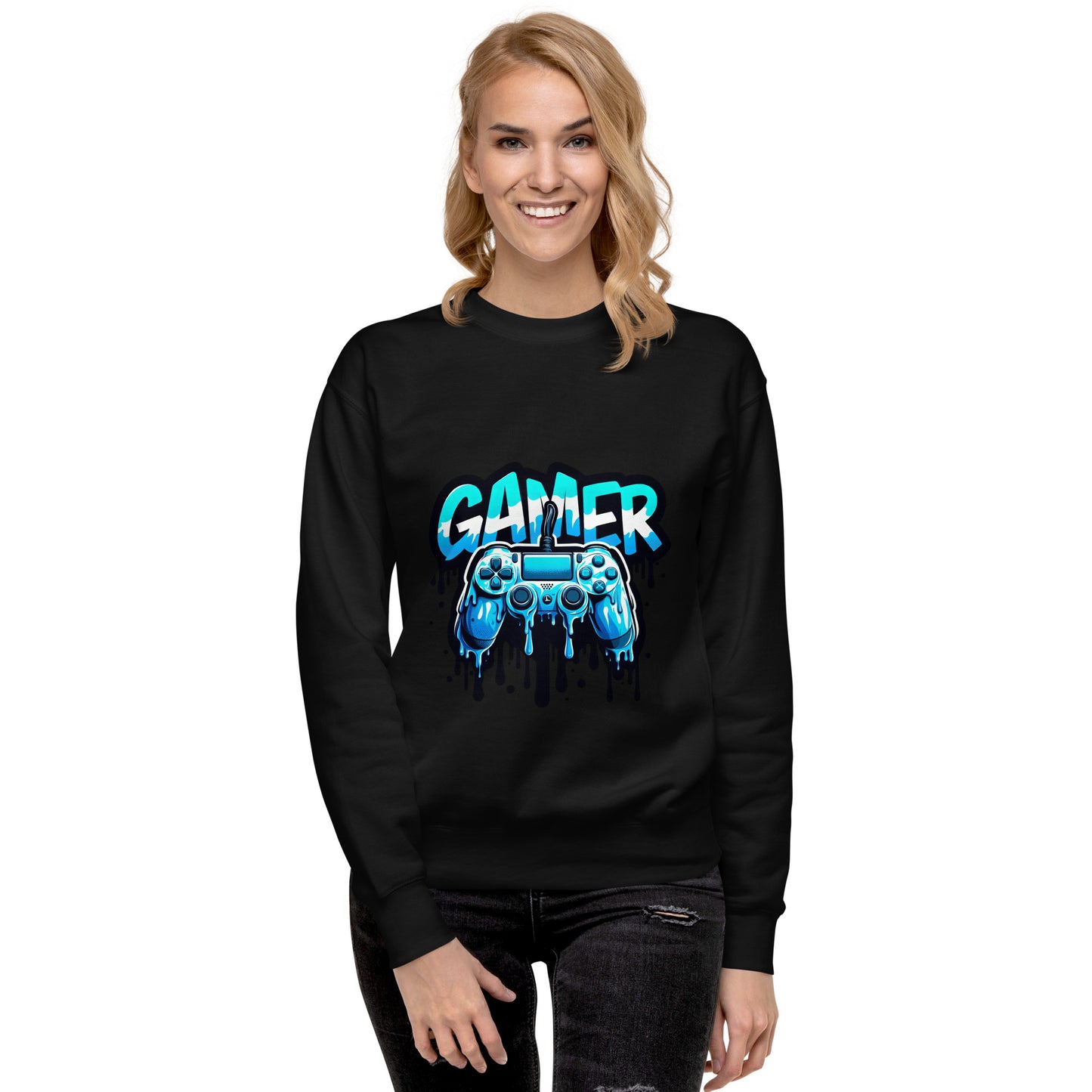 Gamer sweatshirt featuring a blue dripping controller design printed in the UK by RMStudioPrint.
