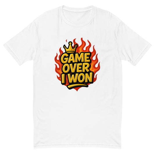 Game Over I Won T shirt design with gold lettering, fiery flame background and crown detail, perfect for gaming apparel, funny gamer tops and high quality DTF printing UK