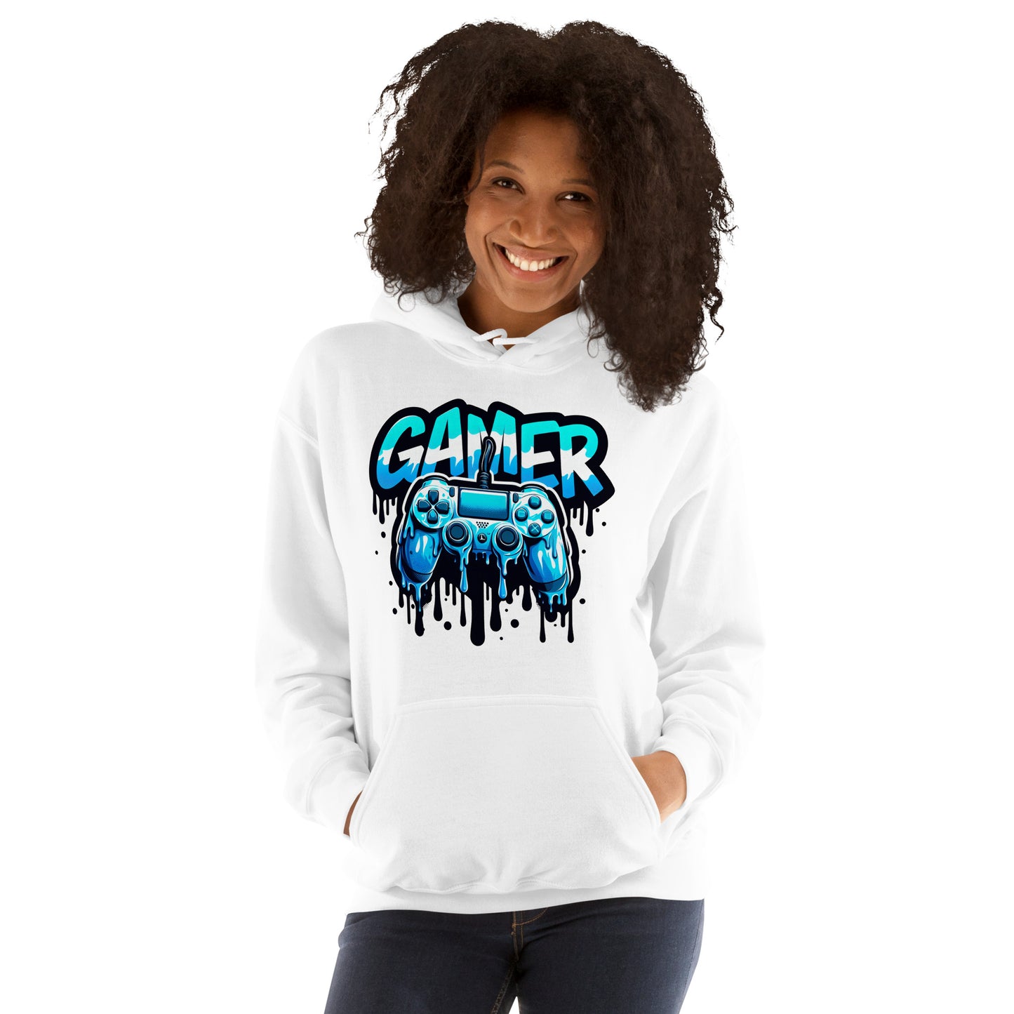 Model wearing the gamer hoodie styled as UK streetwear with bold blue dripping controller artwork.