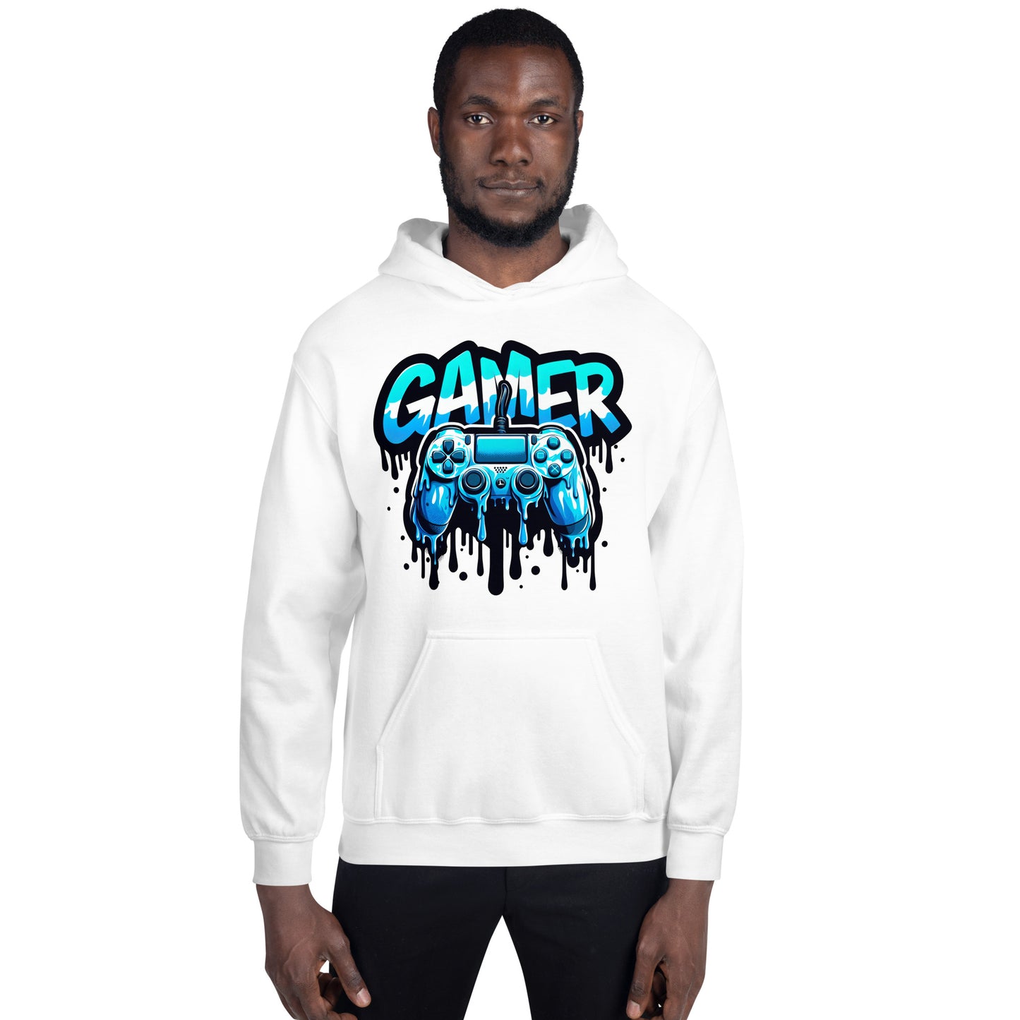 Model wearing the gamer hoodie styled as UK streetwear with bold blue dripping controller artwork.