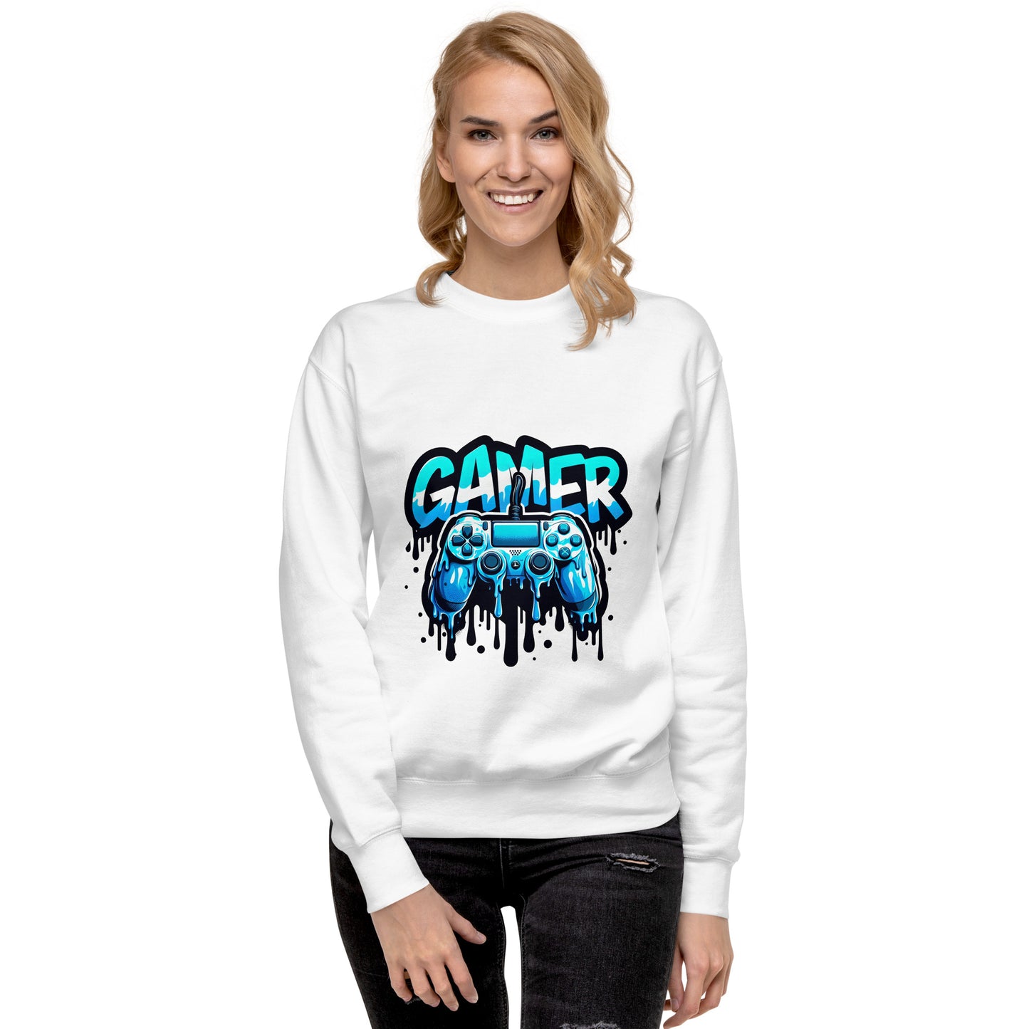 Gamer sweatshirt featuring a blue dripping controller design printed in the UK by RMStudioPrint.