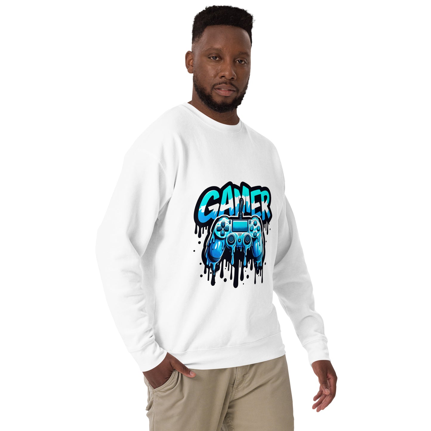 Gamer sweatshirt featuring a blue dripping controller design printed in the UK by RMStudioPrint.