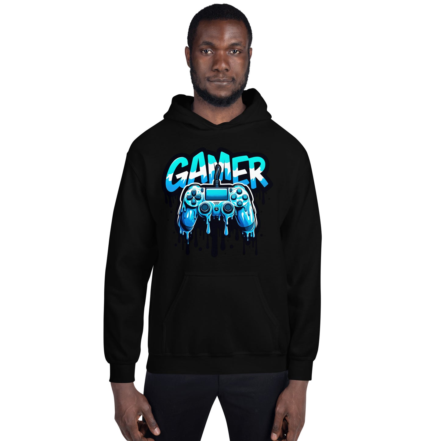 RMStudioPrint gamer hoodie featuring unique blue dripping controller artwork printed in the UK.