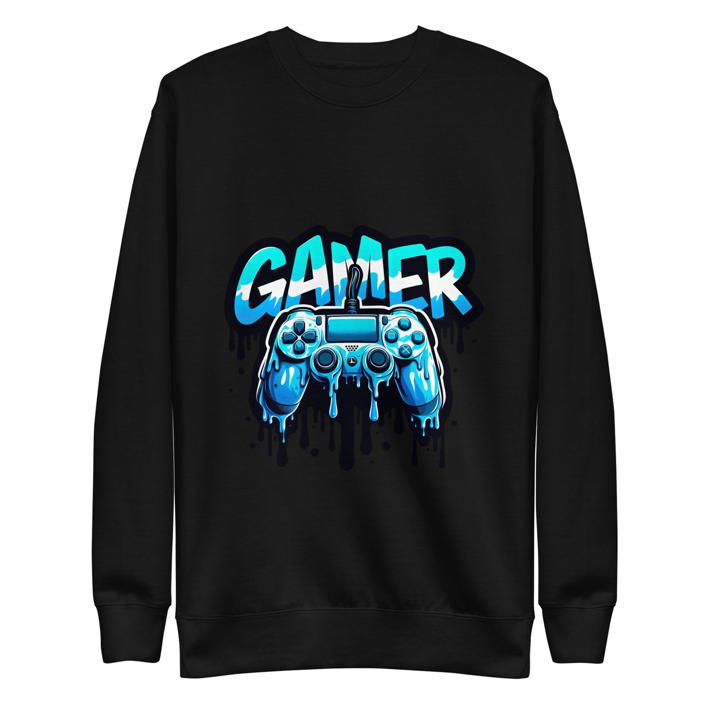 Gamer black sweatshirt featuring a blue dripping controller design printed in the UK by RMStudioPrint.