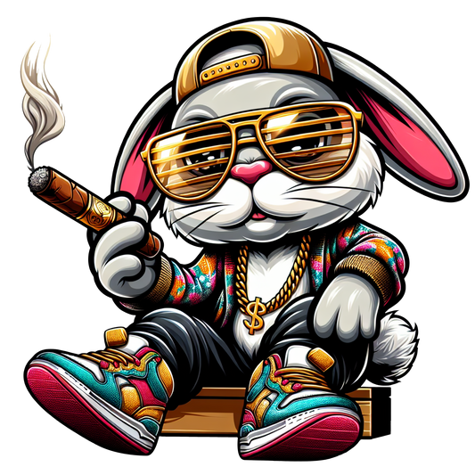 Cartoon bunny in sunglasses smoking a cigar, wearing colourful sneakers and gold chains – street-style.

