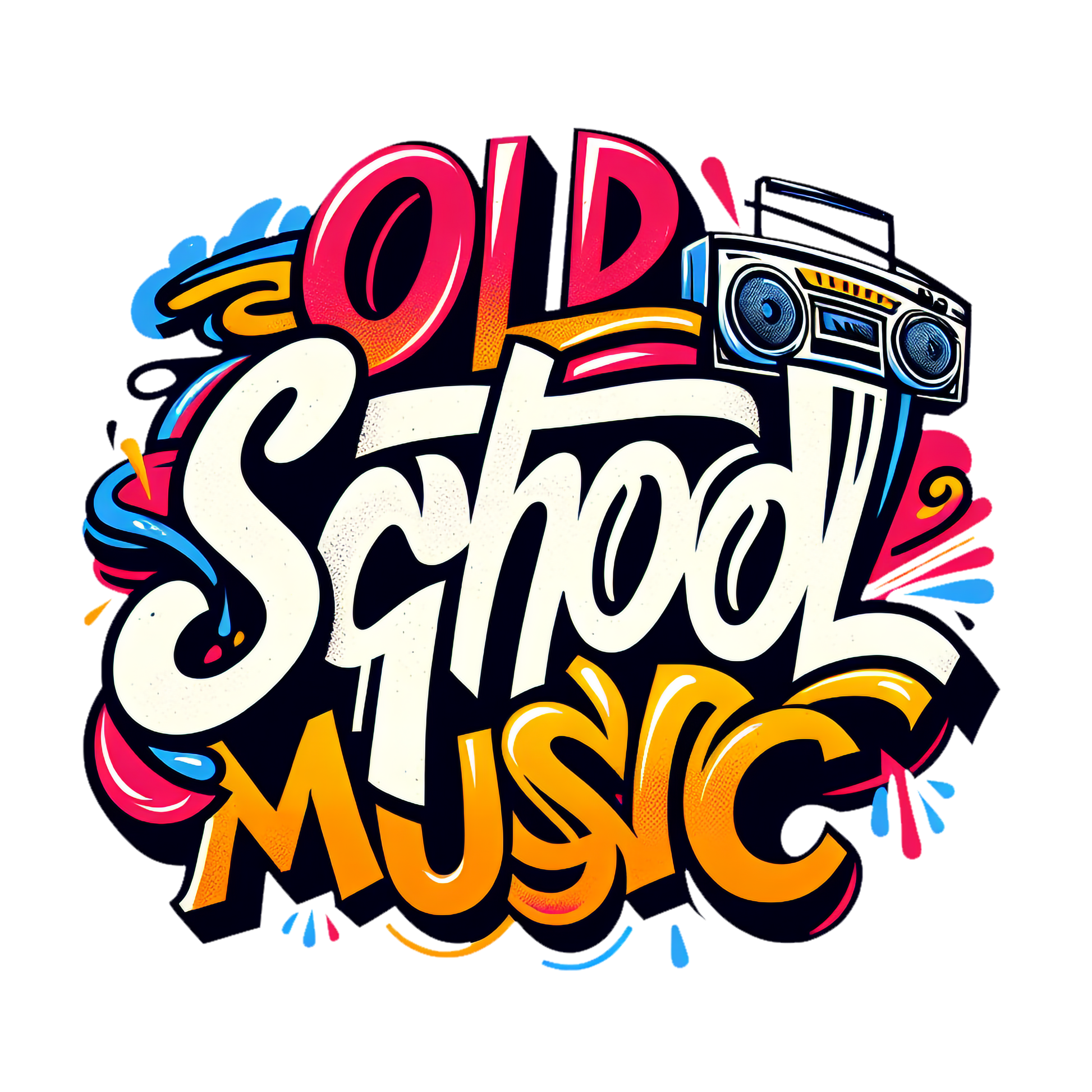 Old School Music T-shirt with graffiti-style retro design and boombox.


