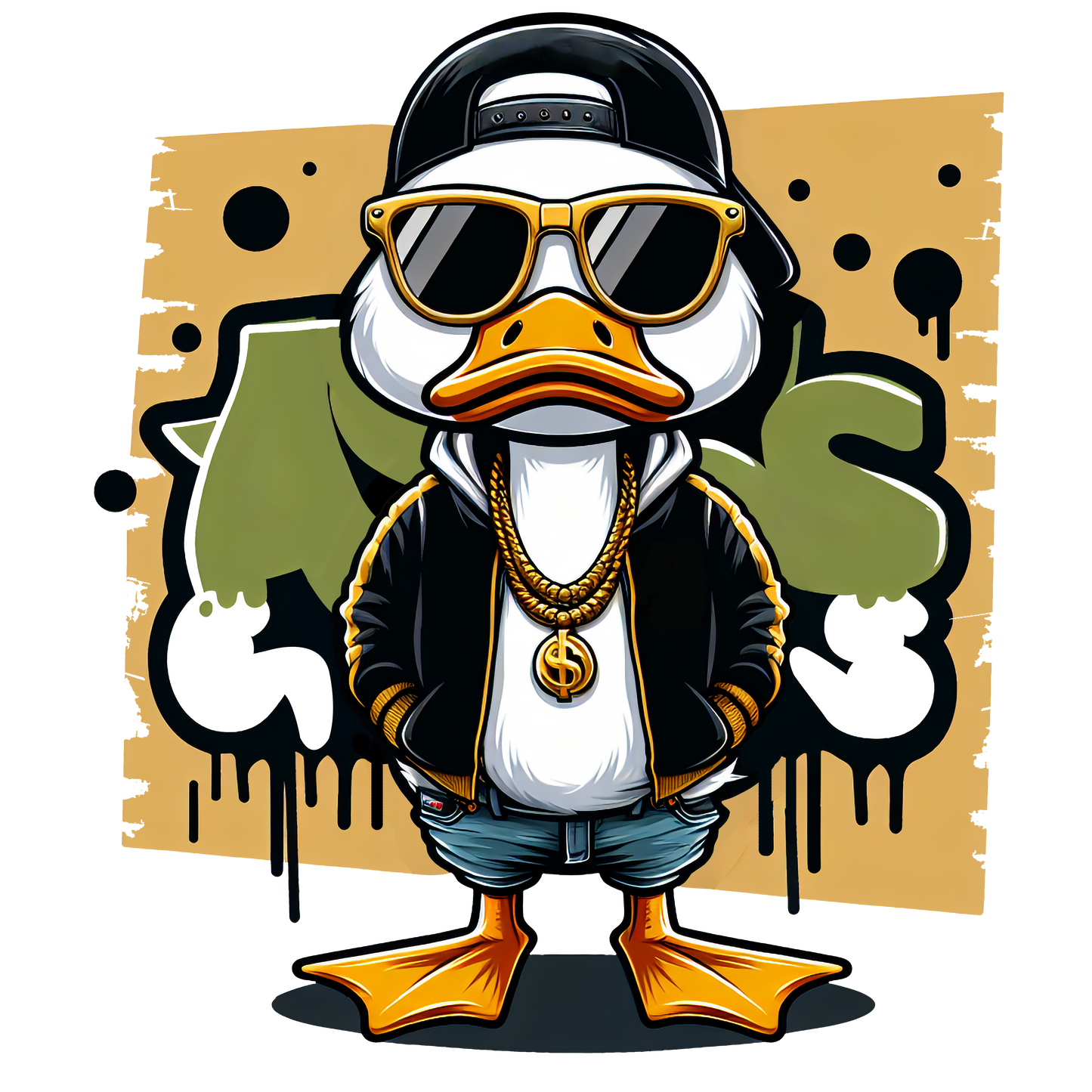 Cool cartoon duck in black jacket and sunglasses with graffiti background.

