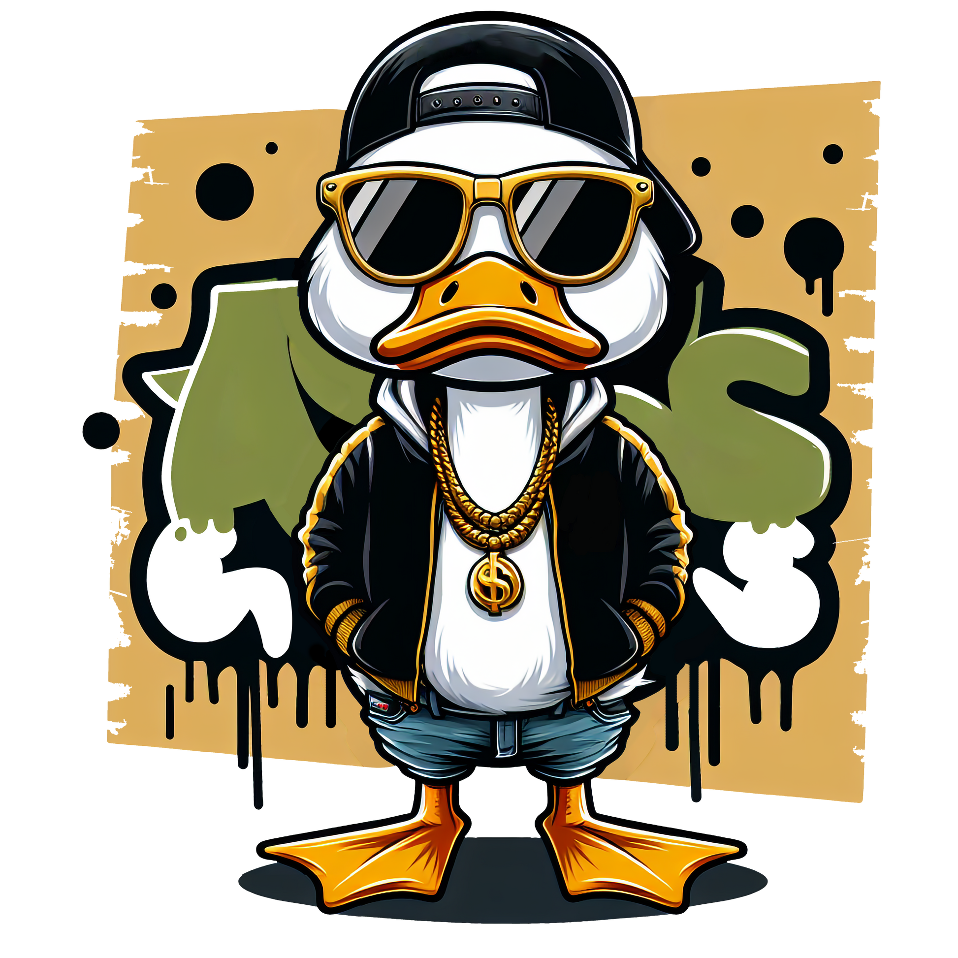Cool cartoon duck in black jacket and sunglasses with graffiti background.

