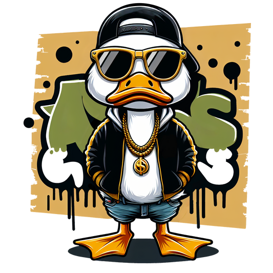 Cool cartoon duck in black jacket and sunglasses with graffiti background.

