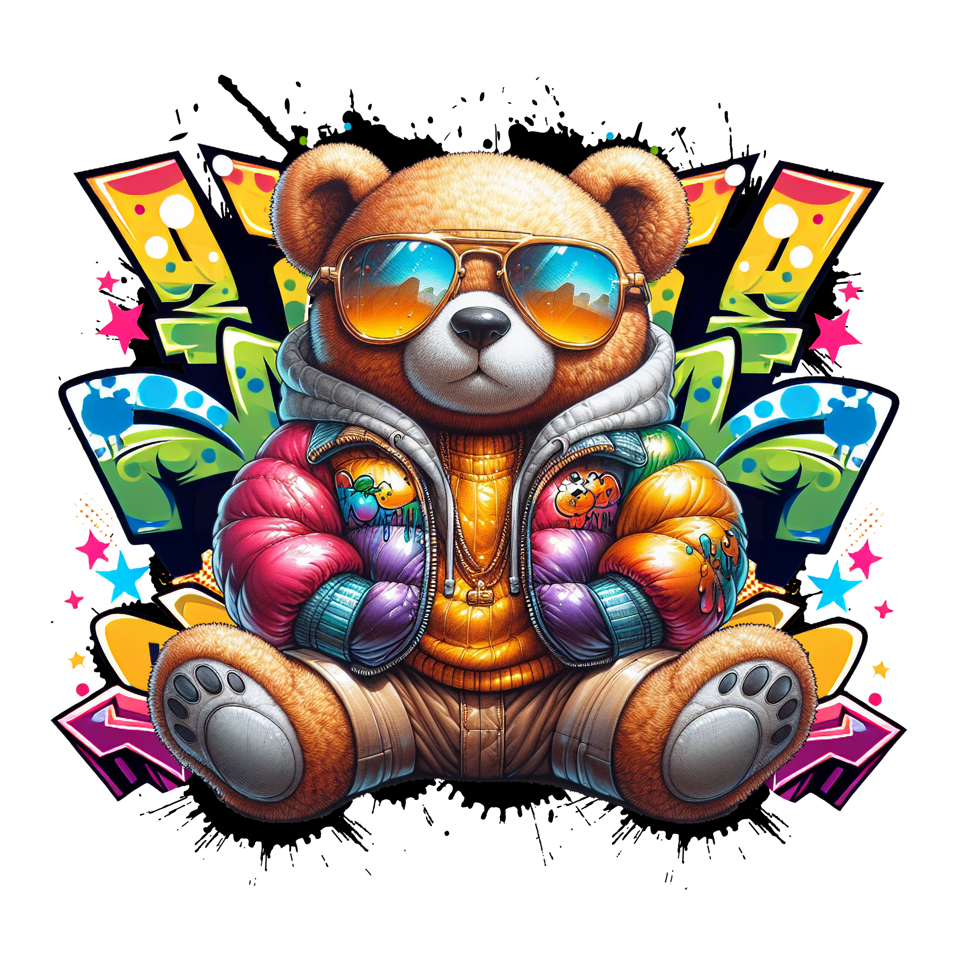 Cartoon bear with colourful jacket and sunglasses in graffiti background.

