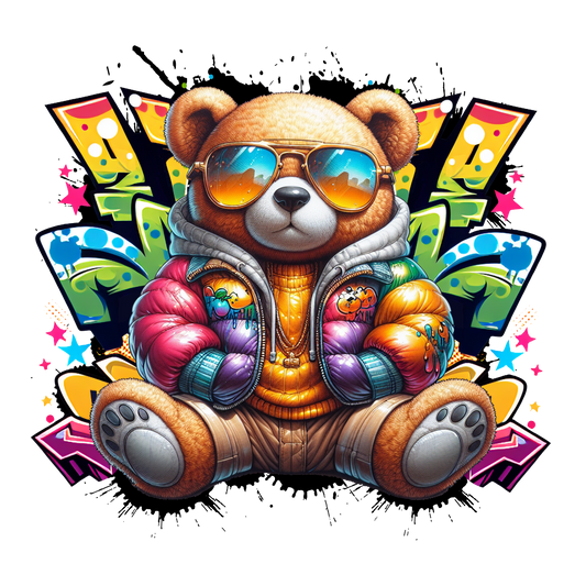 Cartoon bear with colourful jacket and sunglasses in graffiti background.

