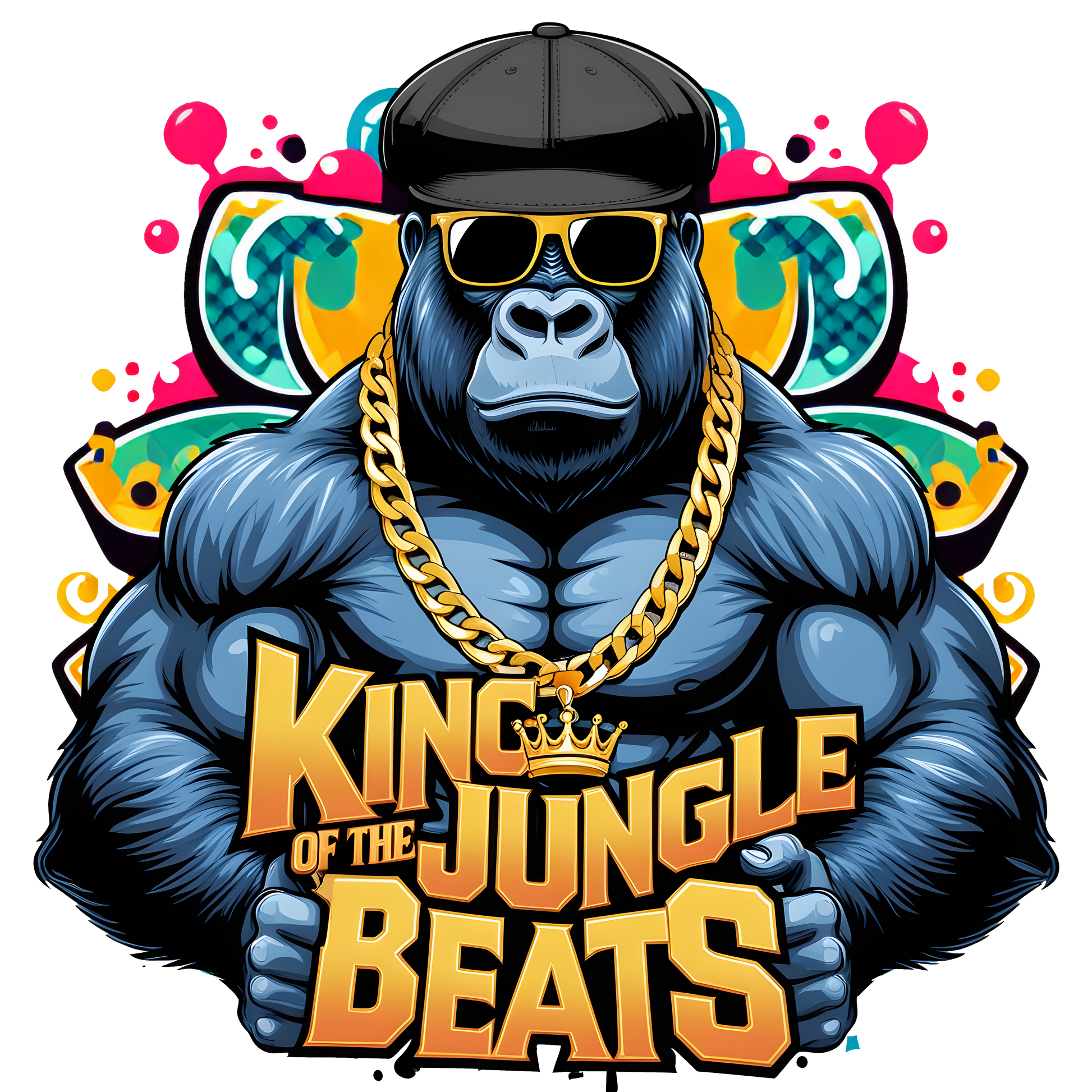 Cool gorilla in sunglasses and gold chain DJ graphic on white t-shirt.