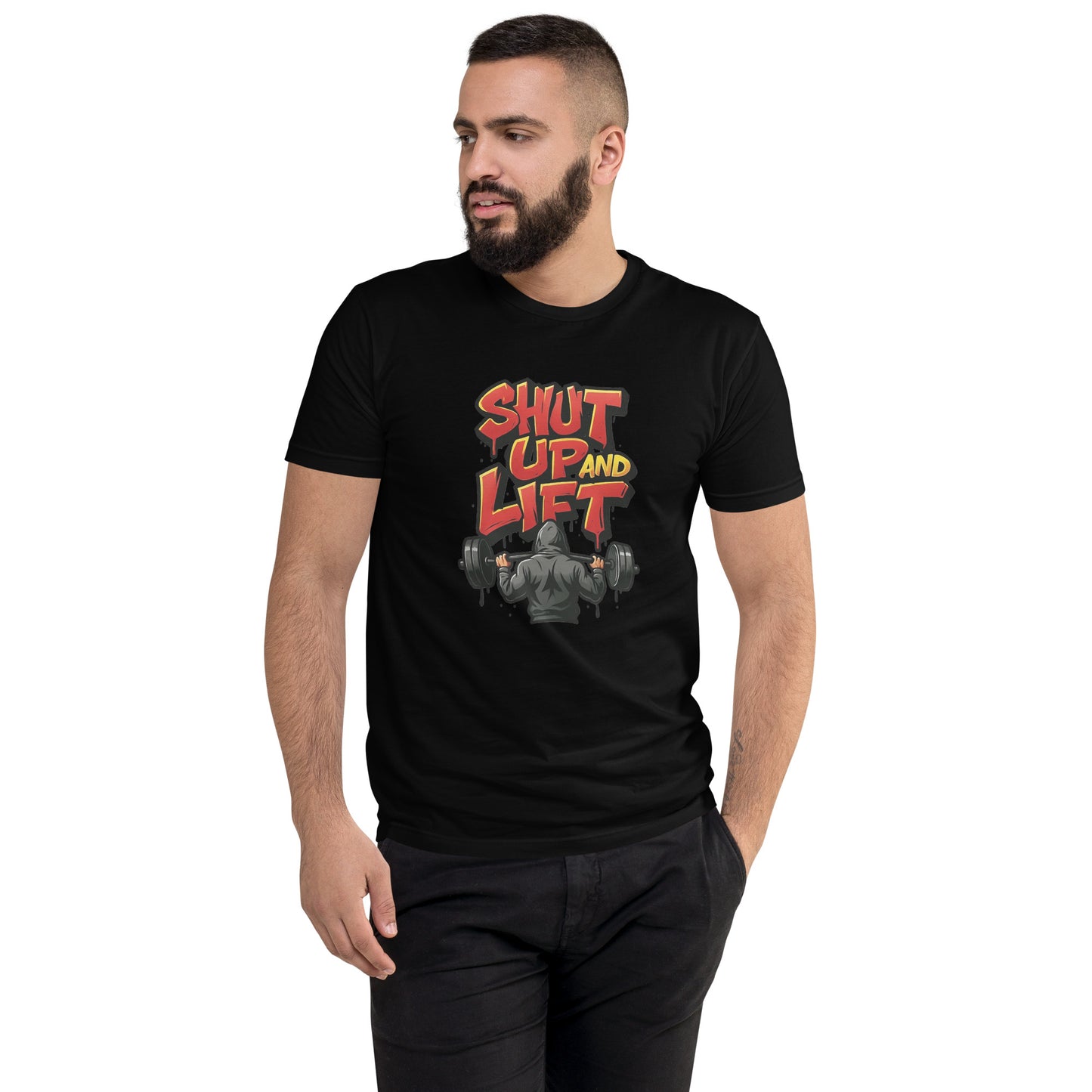 Shut Up and Lift T shirt design featuring bold graffiti lettering and a hooded lifter holding a heavy barbell, created for motivational gym apparel, hardcore fitness clothing and professionally printed with high quality DTF printing in the UK