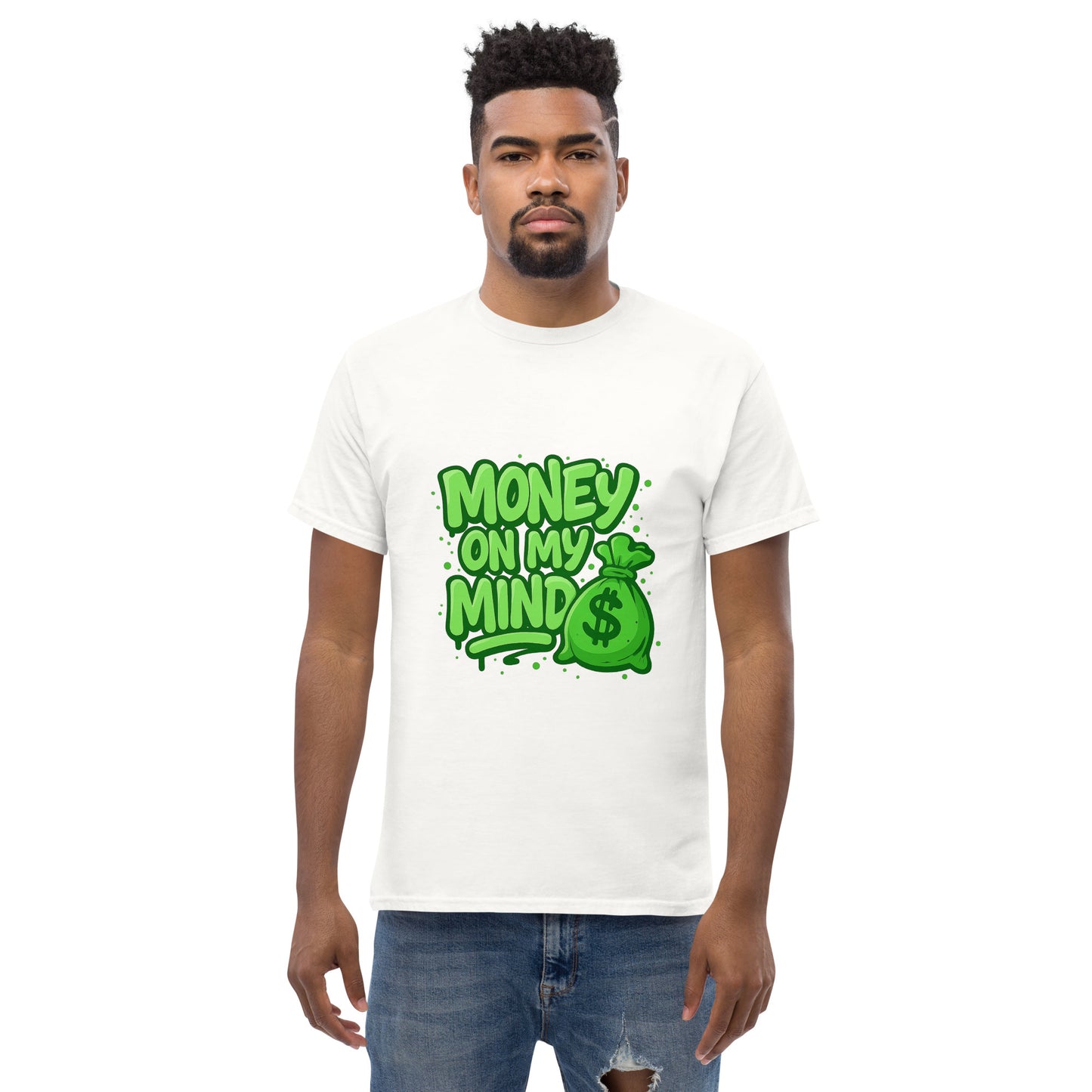 green money on my mind graphic with cash bag illustration for t shirt design