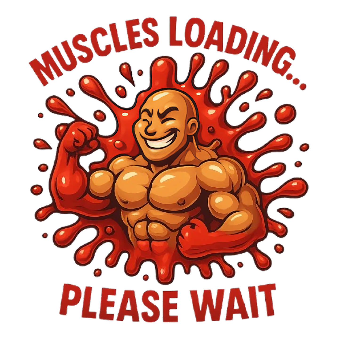 Muscles Loading funny gym t shirt design with bold cartoon bodybuilder artwork using premium DTF printing UK for fitness and bodybuilding lovers