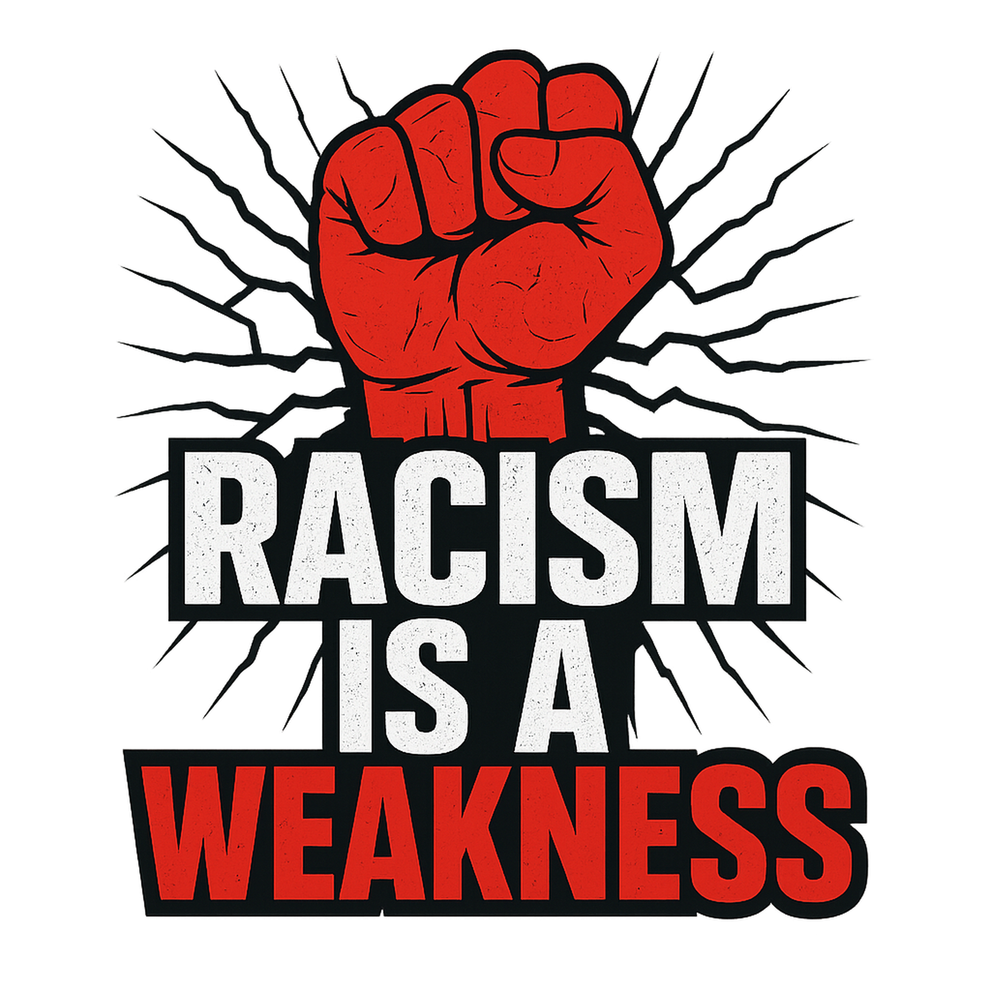 Raised red fist with 'Racism Is a Weakness' text graphic
