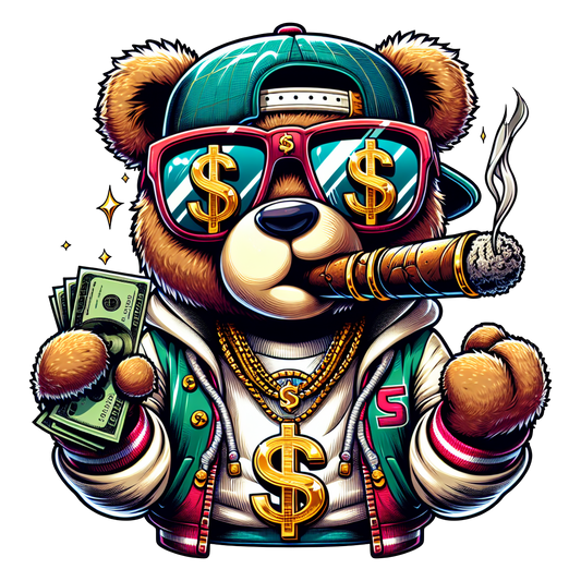 cartoon bear holding money wearing gold chains smoking cigar graphic t-shirt

