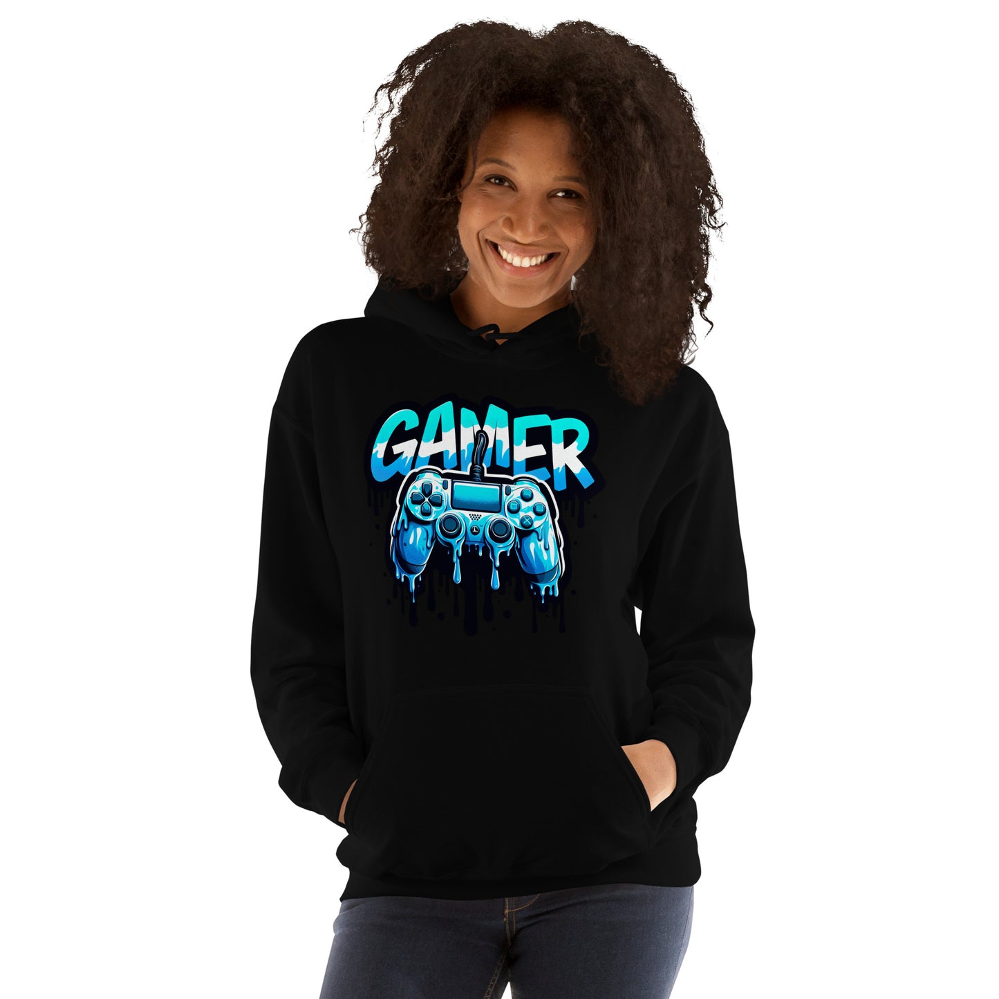 RMStudioPrint gamer hoodie featuring unique blue dripping controller artwork printed in the UK.