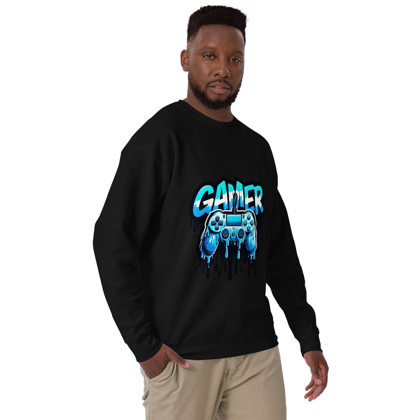 Gamer black sweatshirt featuring a blue dripping controller design printed in the UK by RMStudioPrint.