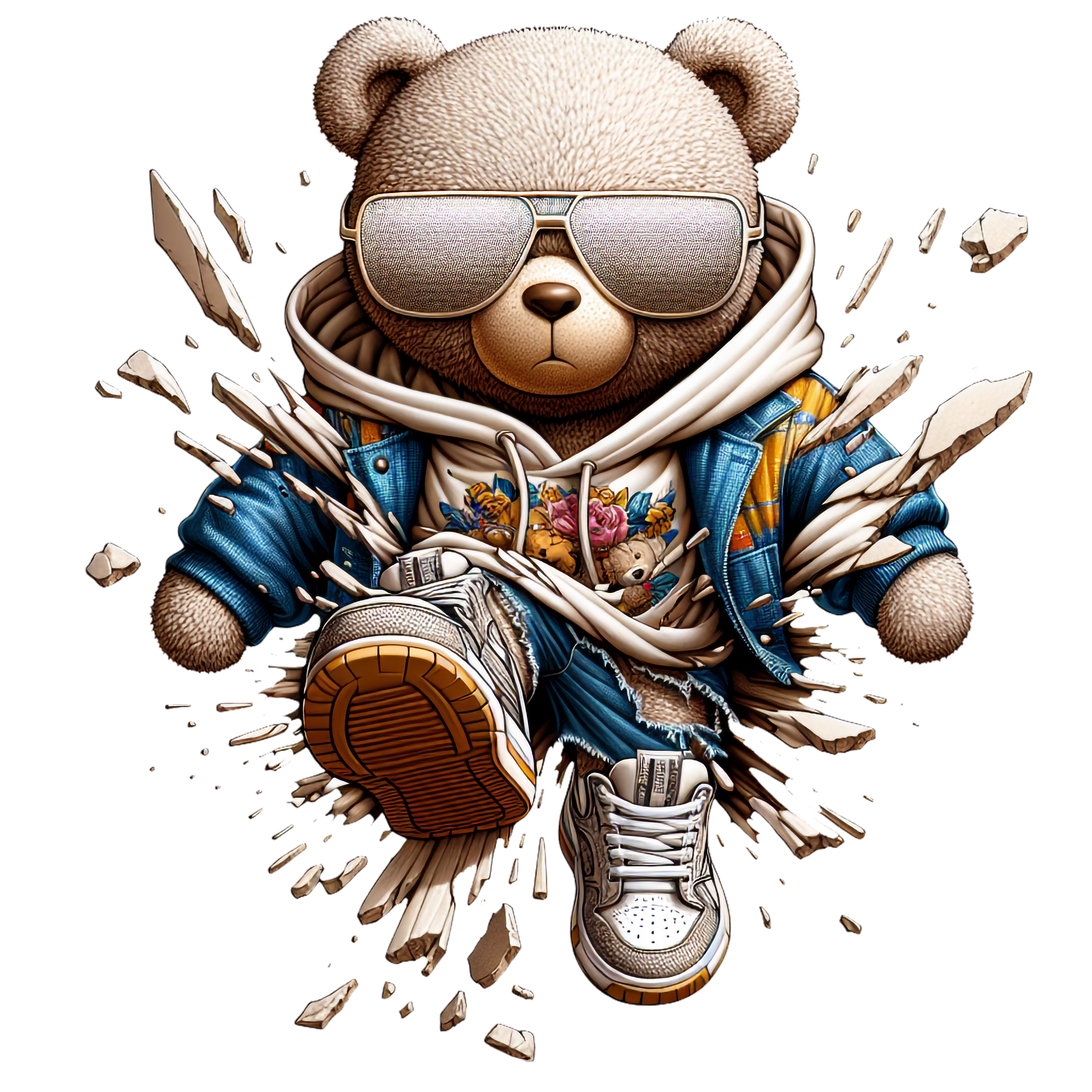 Cool teddy bear streetwear graphic t-shirt with hoodie and sunglasses.


