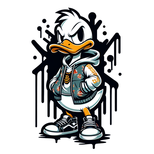 "Urban cartoon duck wearing hoodie and sneakers with street style attitude"

