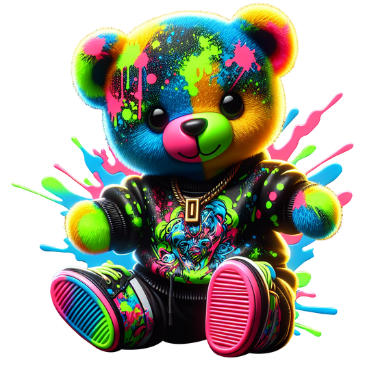 Neon Graffiti Teddy Bear streetwear t shirt with bright colourful design and graffiti style DTF print