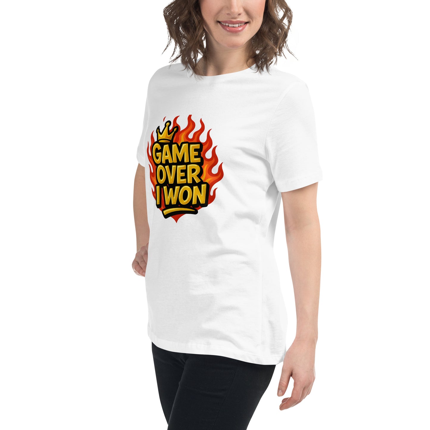 Game Over I Won T shirt design with gold lettering, fiery flame background and crown detail, perfect for gaming apparel, funny gamer tops and high quality DTF printing UK