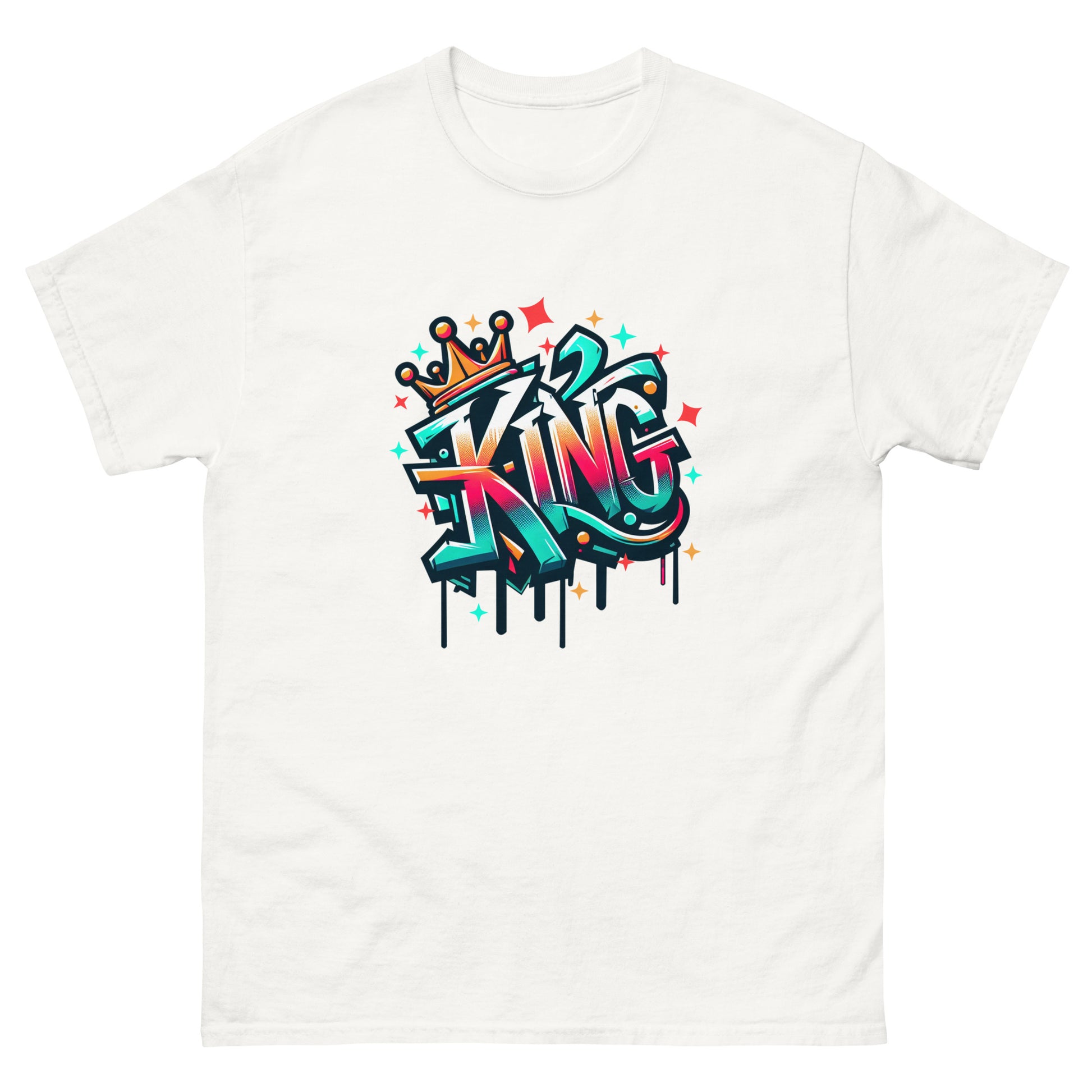 KING streetwear T shirt design featuring bold graffiti lettering with a crown illustration, created for fans of urban fashion and hip-hop style and professionally printed with high quality DTF printing in the UK.

