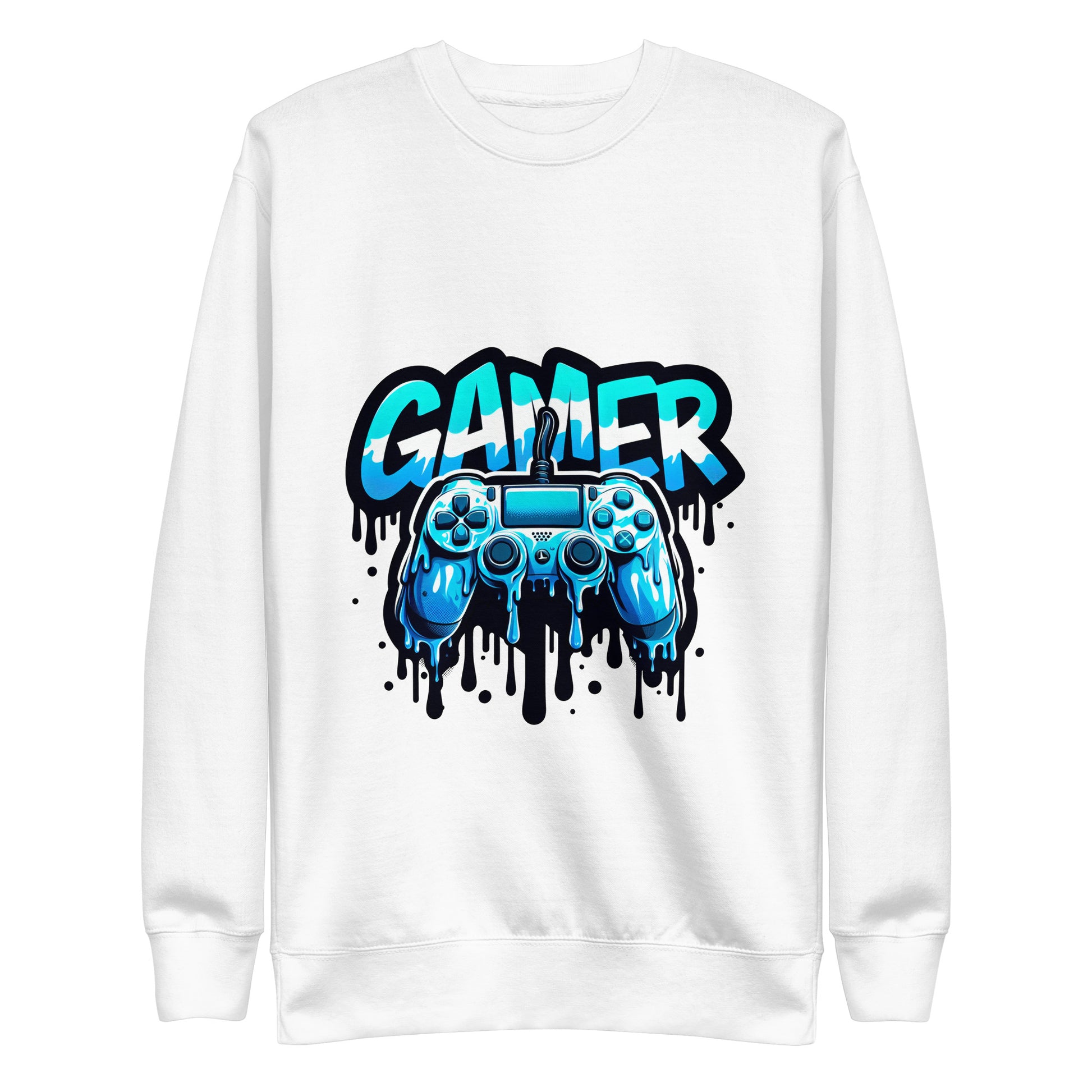 Gamer sweatshirt featuring a blue dripping controller design printed in the UK by RMStudioPrint.